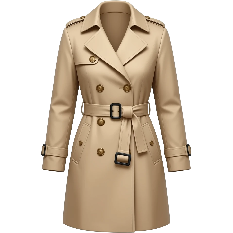 Luxury London trench coat, isolated, centered, no background, elegant beige fabric, feminine tailored silhouette, polished buttons, classic British high society style emoji
