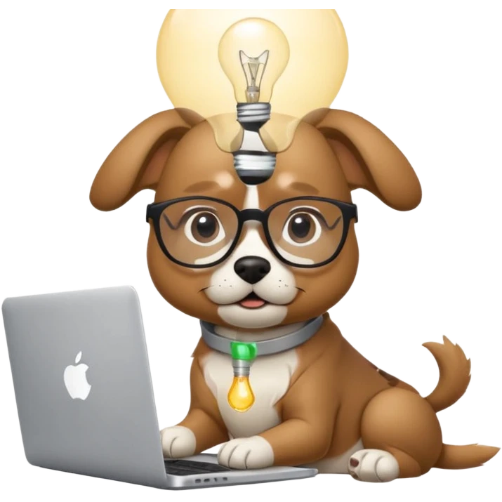 Like a cartoon (make it an intelligent dog with glasses) working with a computer (macbook, showing the apple logo) thinking and a light bulb above his head while he thinks emoji