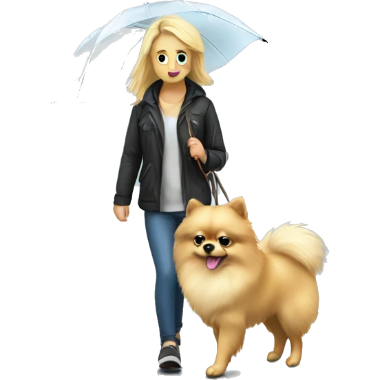 Blonde girl walking pomeranian under the rain emoji