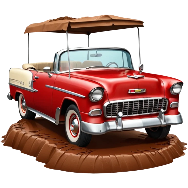 1955 Chevrolet Bel Air Convertible, Red-White color, with a bucket of brown mud pouring down on it, and the car itself is covered in brown mud on the sides that has stuck. 32x32 pixels, aspect ratio: 1:1 emoji