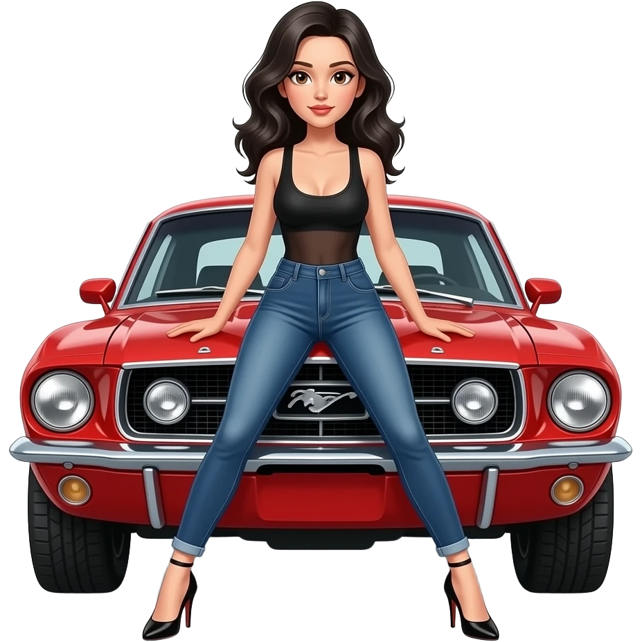 Pale girl with wavy jet black hair and brown eyes in front of a red ford mustang 1968 coupe. Girl wearing a sheer black sleeveless top, low rounded neckline, jeans and heels with visible toes. Legs spread and hands resting on the hood. emoji