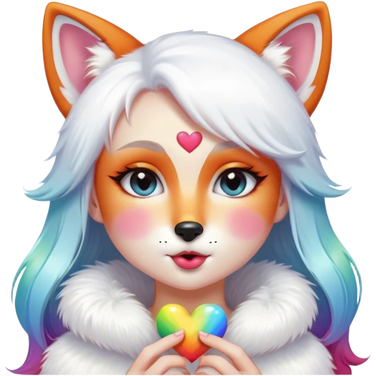Feminine girl fox with white fur making a kissy face expression and a tiny rainbow heart emoji