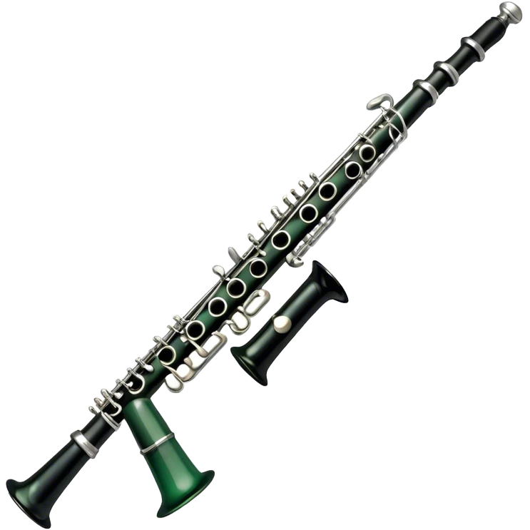 Create an elegant and refined emoji representing A clarinet. The design should showcase the sleek, black wood finish of the clarinet with its shiny metal keys and elegant detailing. Include the distinct, high-quality features, such as the unique greenish tint of the wood, giving it a modern and sophisticated look. Add subtle elements like the mouthpiece with the reed, emphasizing its importance in sound production. Use dark tones like ebony, silver for the keys, and soft light reflections to evoke a professional, classical feel. The background should be transparent. emoji