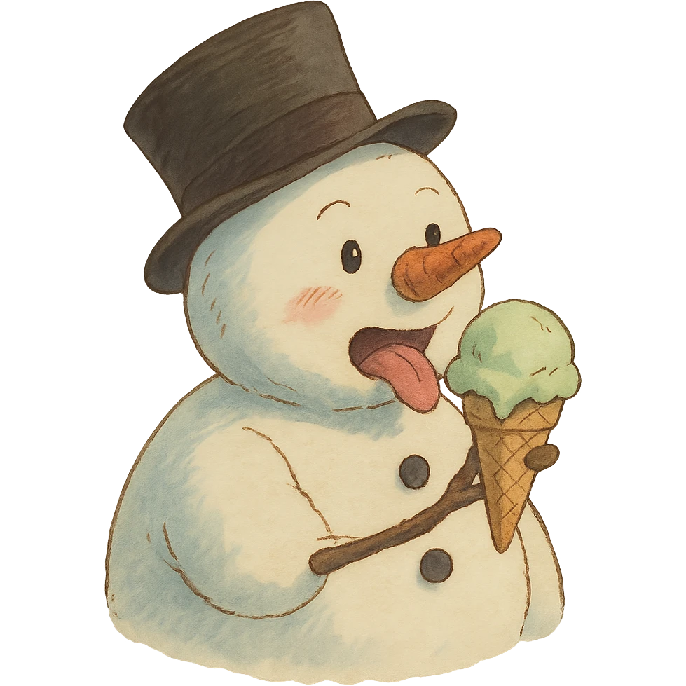 ghibli style snowman eating ice cream, no background emoji