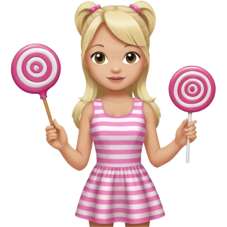 Emma Bunton with long blonde ponytails wearing light pink body dress holding a lollipop emoji