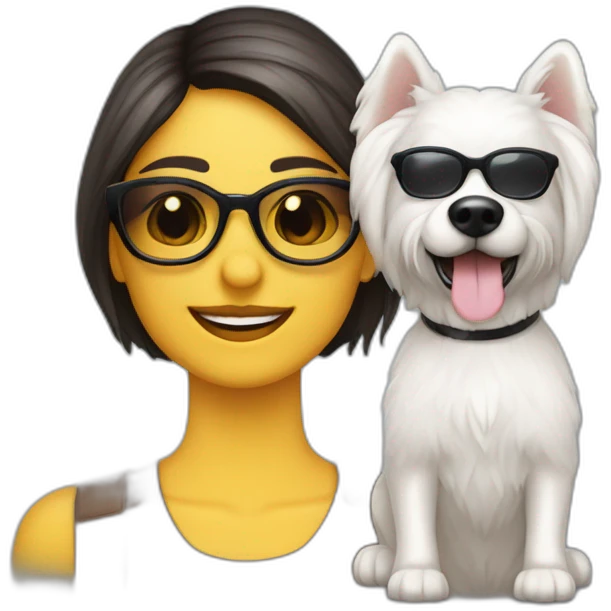 mujer pelo largo gafas con perro maltés blanco emoji