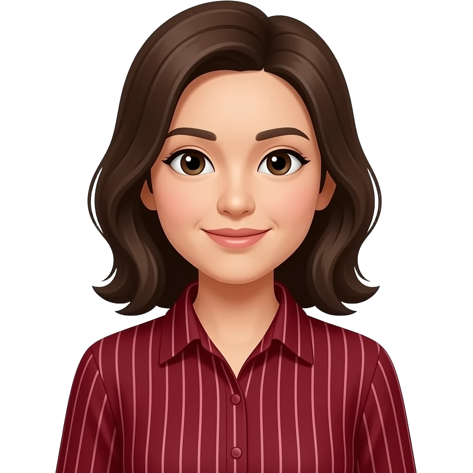 asian woman with brown hair in dark red shirt with little white vertical lines emoji