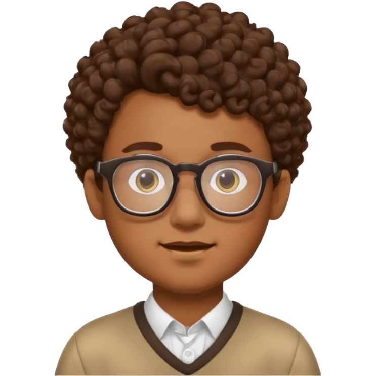 Nerdy boy with glasses, brown curly hair, brown skin emoji