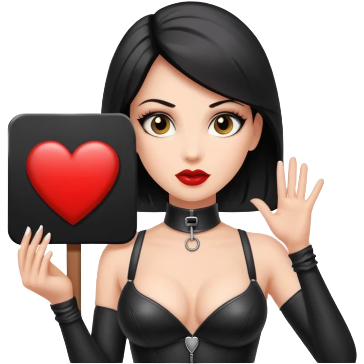 A dominatrix holding a large sign emoji