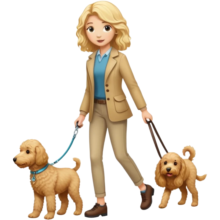 blonde girl walking goldendoodle on leash emoji