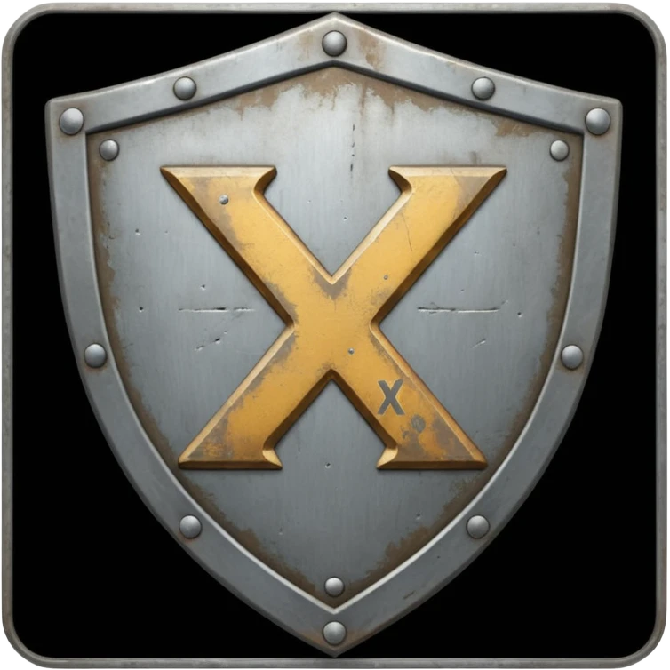 a battle worn steel shield with engraved text "XXX", the text should be prominent and in the center of the shield emoji