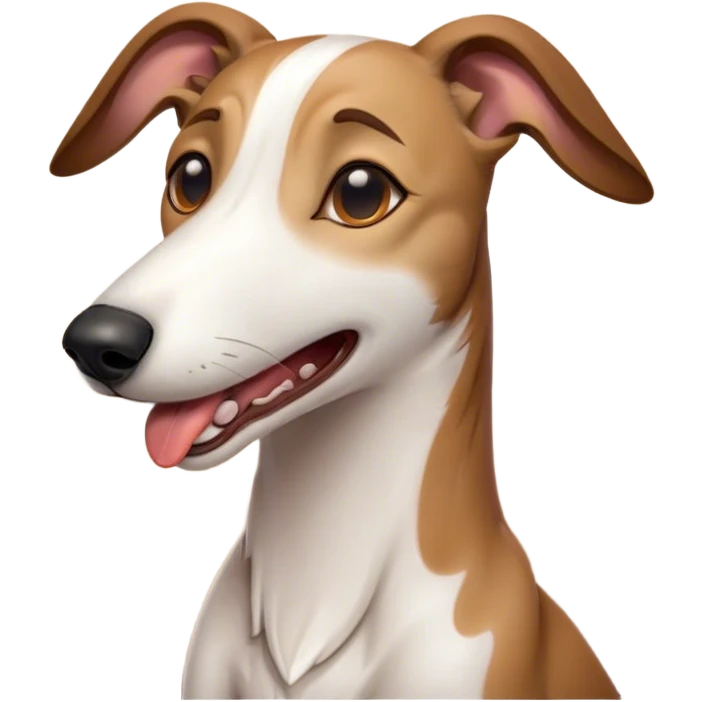 Cinematic Cute Yawning White and Brown Greyhound Portrait Emoji, Head tilted slightly with a dramatic, wide-open yawn, showcasing a pristine white Fur with bold brown markings, floppy ears slightly drooping, round eyes barely open in drowsy contentment, Simplified yet irresistibly adorable features, highly detailed, glowing with a soft, cozy glow, high shine, relaxed yet expressive, stylized with a touch of whimsy, bright and endearing, soft glowing outline, capturing the essence of a sleepy yet affectionate companion, so drowsy it feels like it could stretch out of the screen and curl up for a nap! emoji