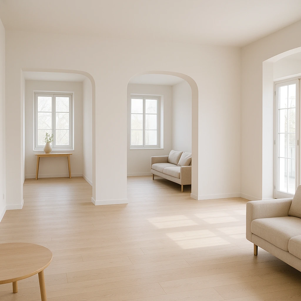 spacious room with three entryways, minimalist style, soft colors emoji