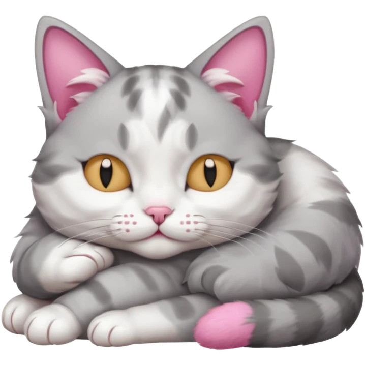 grey and white small cat with its eyes closed lying down with his paw curled under his head holding it up emoji