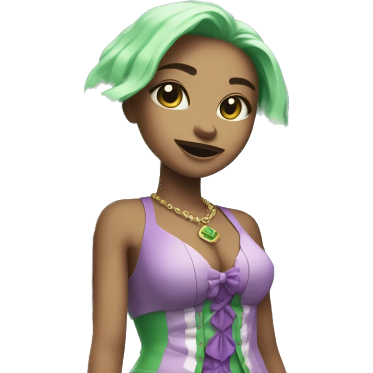 Create a cute character with a design related to slot casino with the word of ''FGH'' on her part of the dress or shirt  and make it color green and violet  make it more like chibi emoji