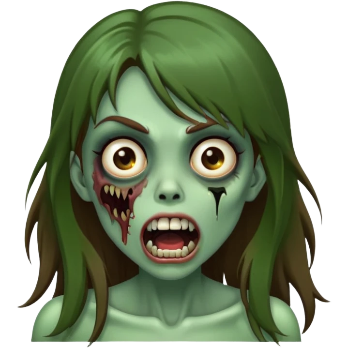 Dark green zombie girl horror with long brown hair side bang mouth open emoji