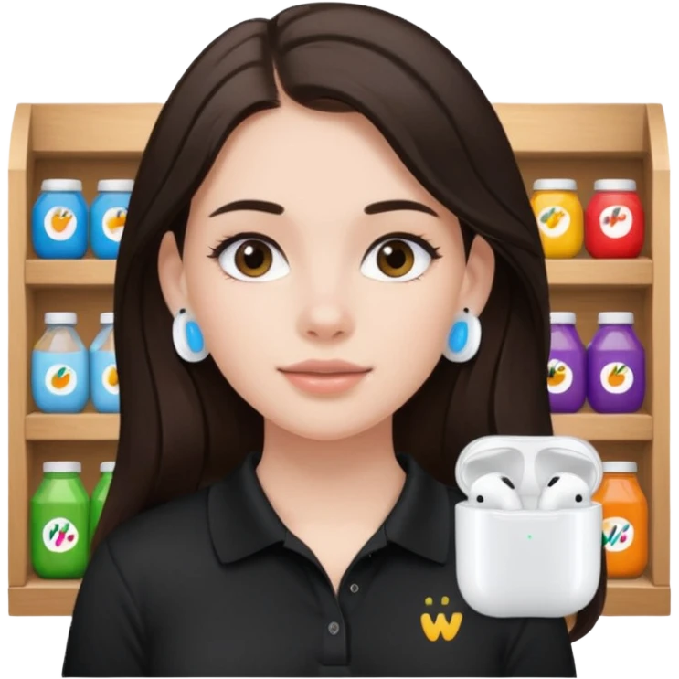 Girl with long dark brown hair with airpods wearing a black wegmans grocery store polo emoji