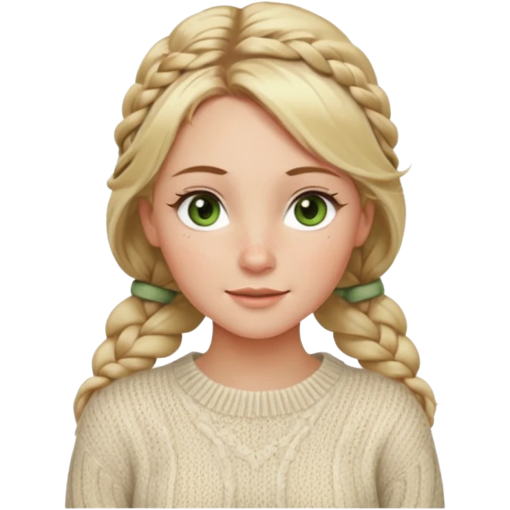 dirty blonde hazel/green eyes woman with a white cable knit sweater and one braid down her back  with tendrils of hair flowing down her face and she is happy pale, some freckles, blush. she has a cateye wing and long lashes emoji