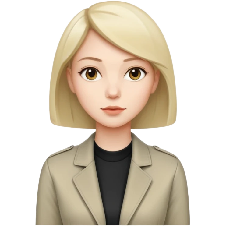 Женщина с аккуратным каре, нейтральное уверенное выражение лица, минималистичный жакет, стиль строгий и собранный. emoji