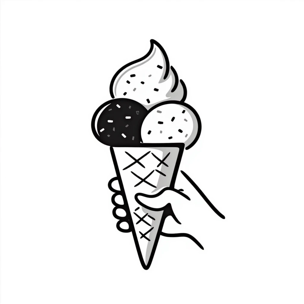 An ice cream cone with scoops of ice cream in pastel colors (dd9fb0, ffc6d3, a3bfc9, c4bee2, f1b091), hand-drawn doodle style emoji