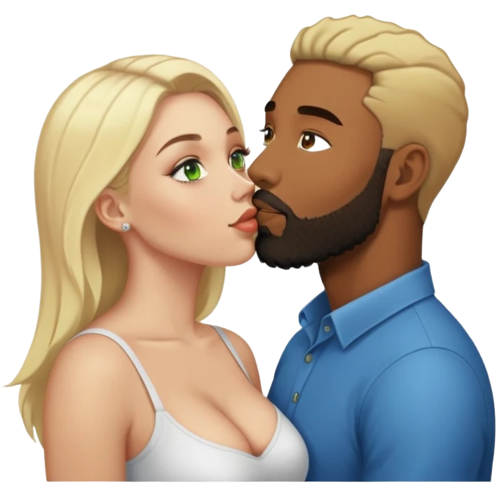 Light skin black man with beard kissing busty white woman with blond hair and green eyes  emoji