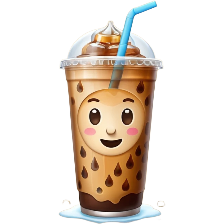 A 3D cartoon plastic cup of iced coffee with straw, clear lid, ice cubes floating, realistic condensation, bright sunlight, Memoji-style. emoji