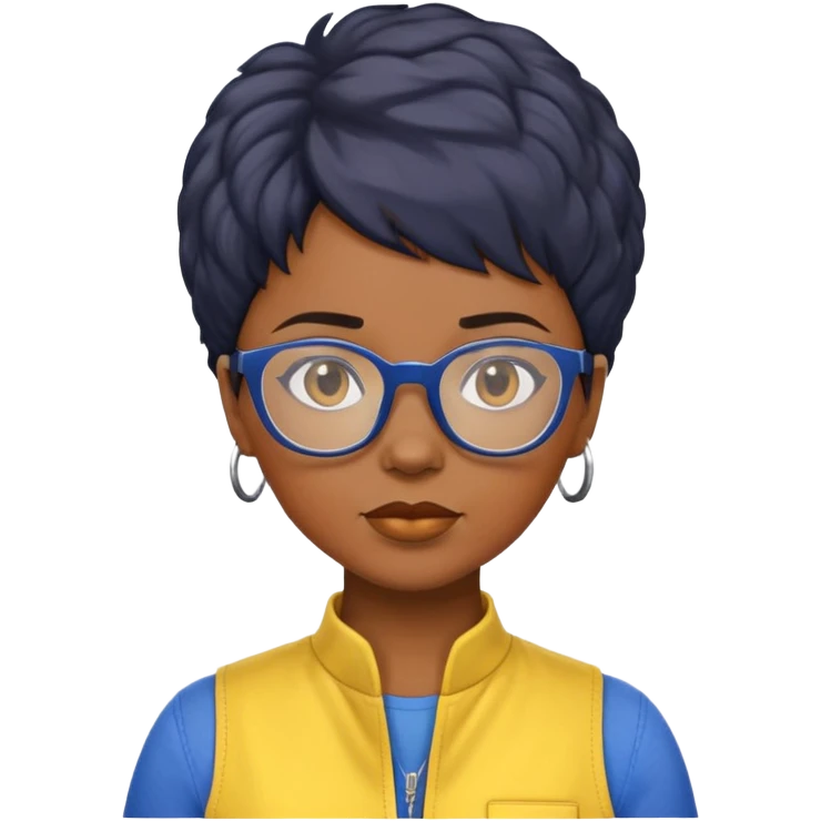 stern Black woman with short textured hair, glasses, wearing blue and yellow jumpsuit, front-facing emoji