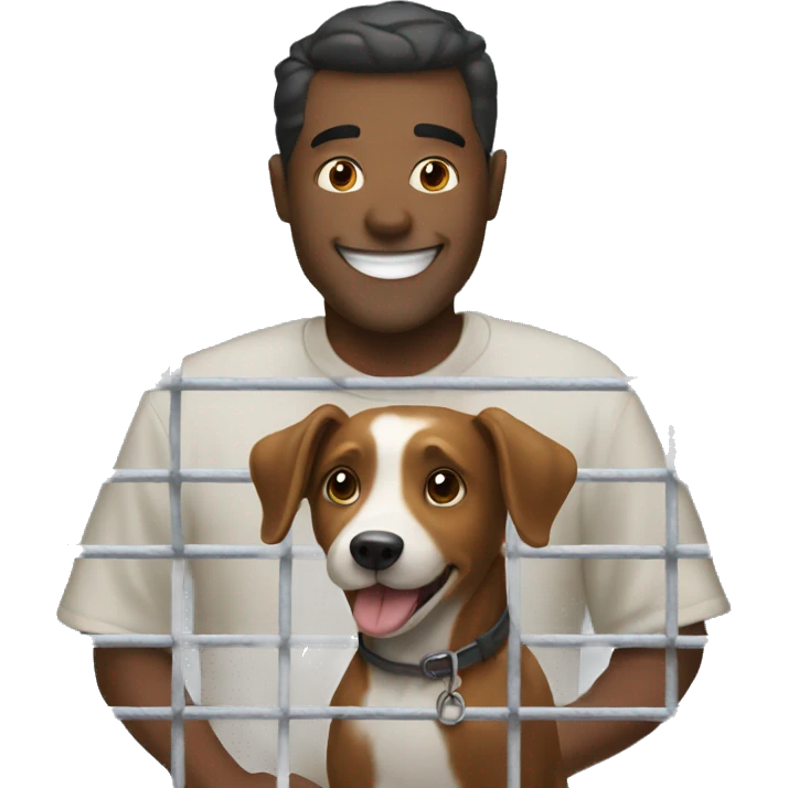 Man smiles at dog in cage emoji