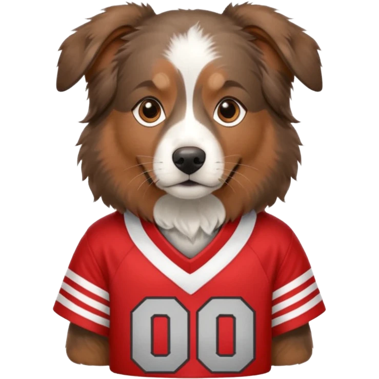 Brown Australian shepherd dog wearing an Ohio state jersey emoji