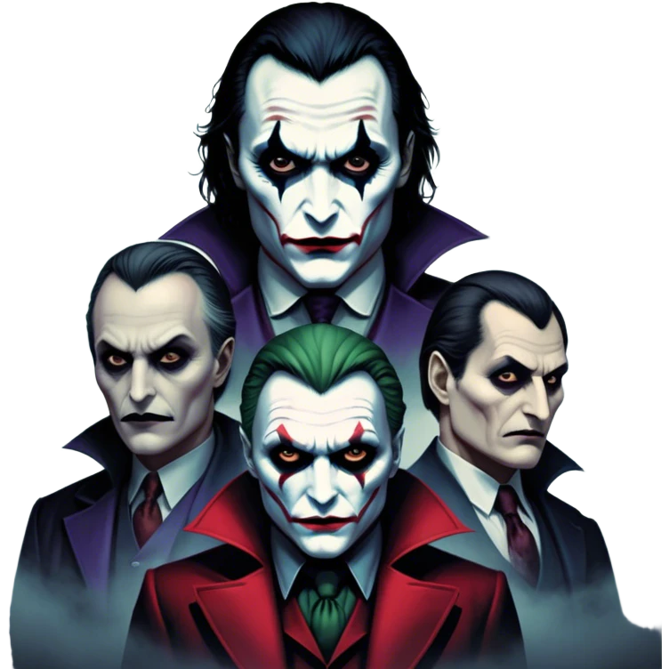 Thriller Movie Icon: A dark, intense collage with close-up images of iconic thriller characters like Joker, Hannibal Lecter, and Vlad Dracula. The background features a moody Gotham City skyline, with shadowy figures and fog. Atmospheric, suspenseful tone. Transparent background. emoji