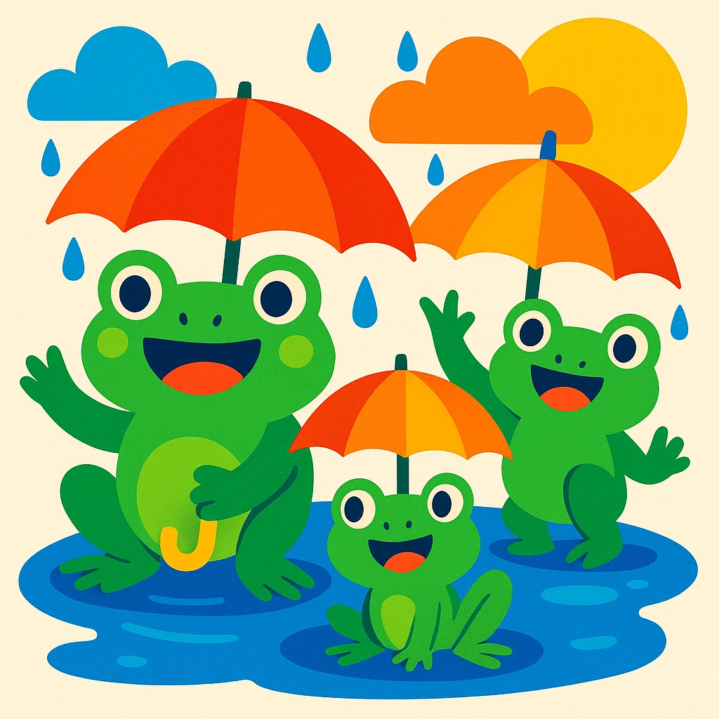 cartoon frogs with umbrellas in a puddle, cheerful, bright style emoji