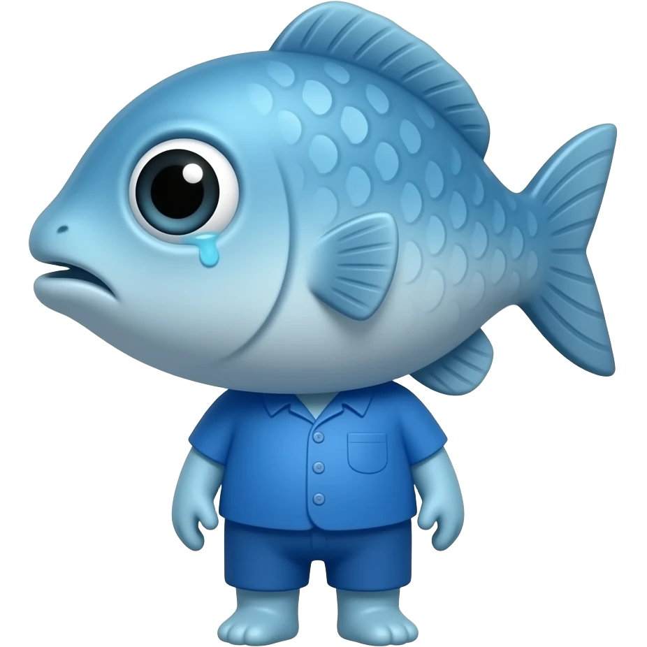 A little blue fish shaped like a little human dressed in blue, looking at us with a very sad face, as if he wants to cry. emoji