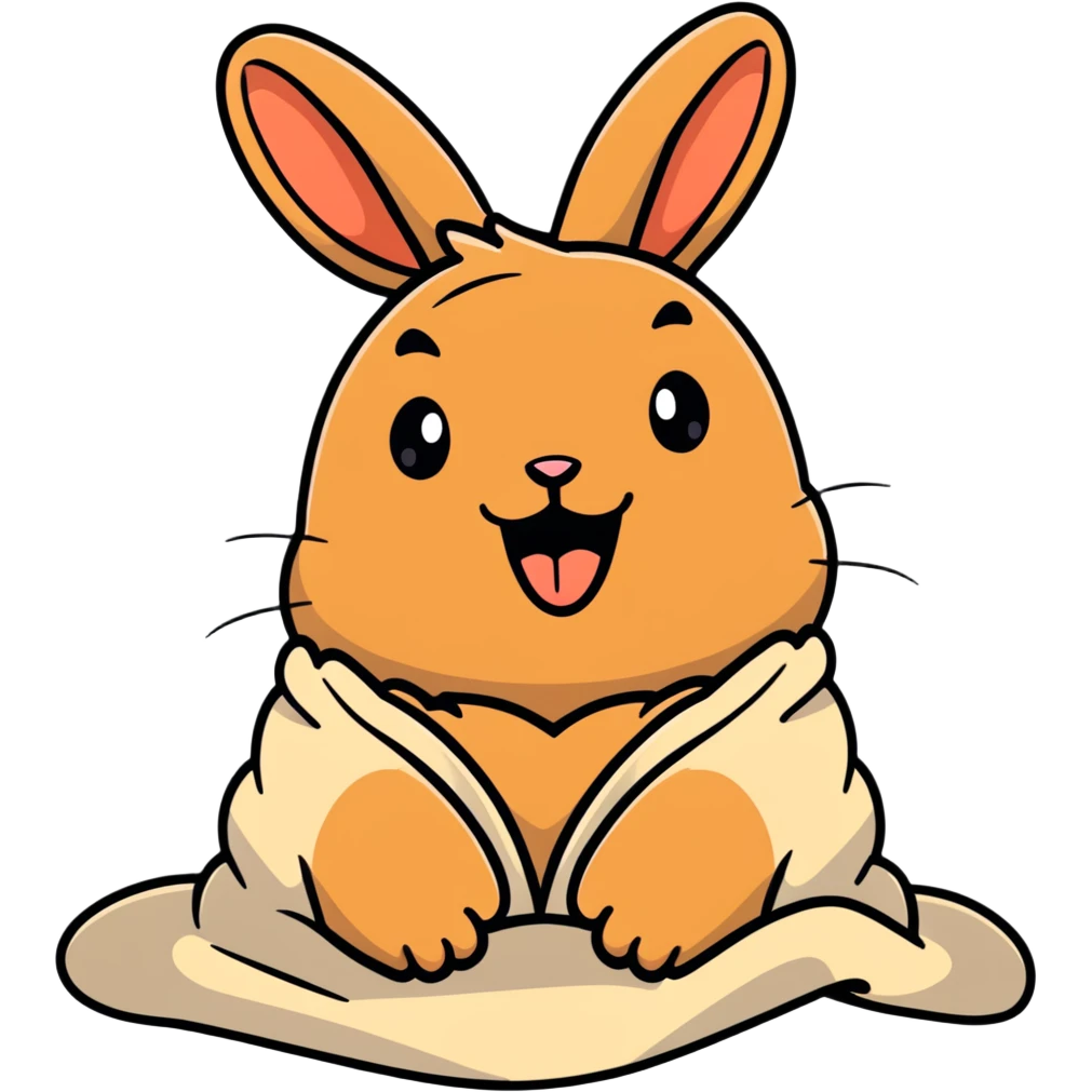 full-body pale brown bunny yawning with messy hair, blanket over shoulders emoji