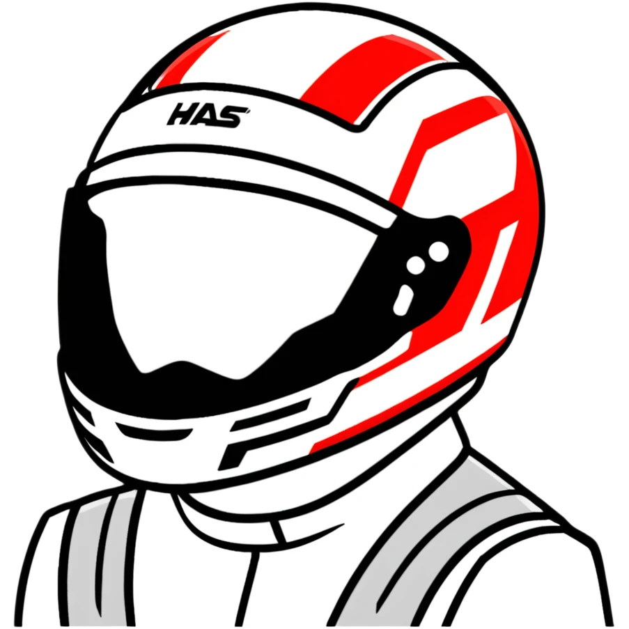 Kevin Magnussen, Danish F1 driver, with racing helmet, Haas team colors white and red emoji