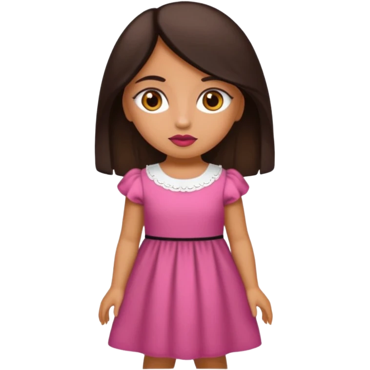 Gordita, ojos pequeños de color cafe oscuro, labios pequeños y rosados, piel trigueña, orejas pequeñas, cabello largo lazio y negro, pequeña. cuerpo completo emoji
