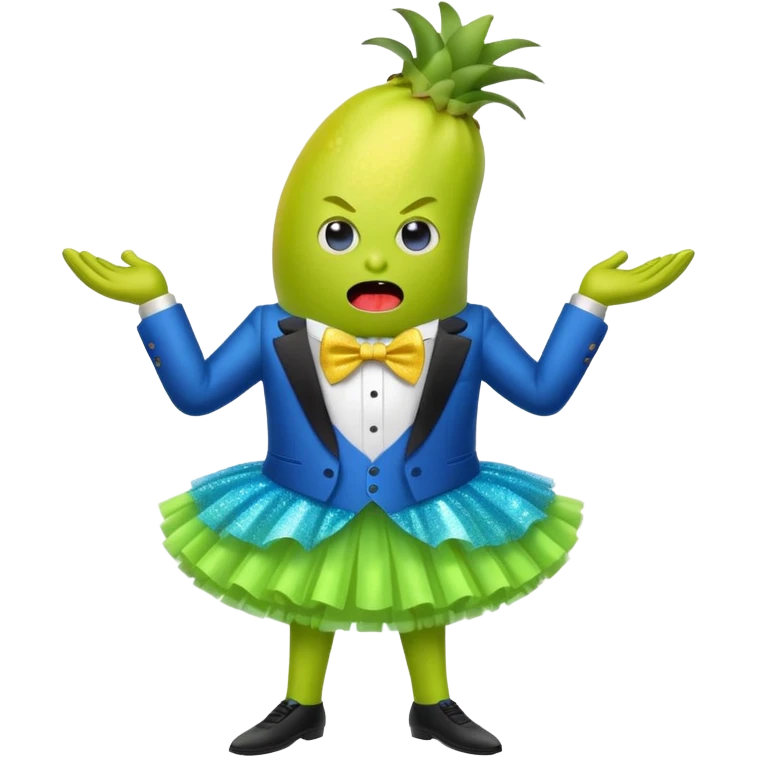 Angry blue banana fruit wearing a sparkly lime green tuxedo and tutu emoji