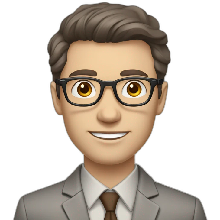 Pale skinned fit man with dark brown hair in gray jacket, beige office shirt, brown tie, brown pants and vintage glasses Writing text on a marker board emoji