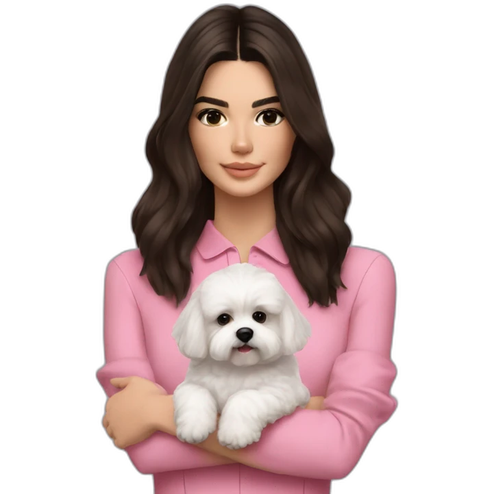 brunette Kendall Jenner with long hair holding on the hands white maltipoo in pink collar emoji