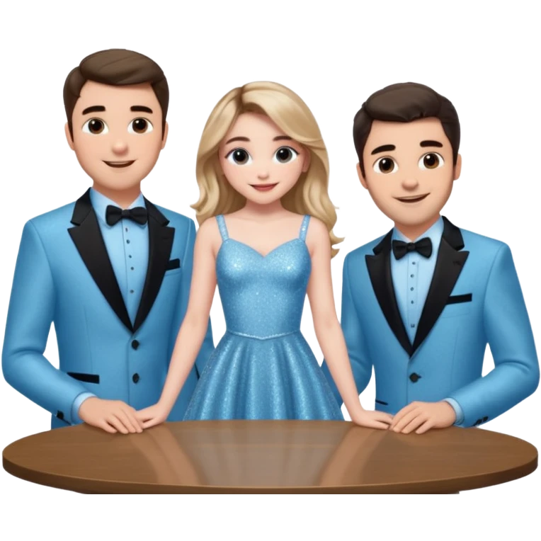 Sabrina carpenter in a light blue sparkly dress at a table with 3 handsome men, and she is standing up reaching over  emoji