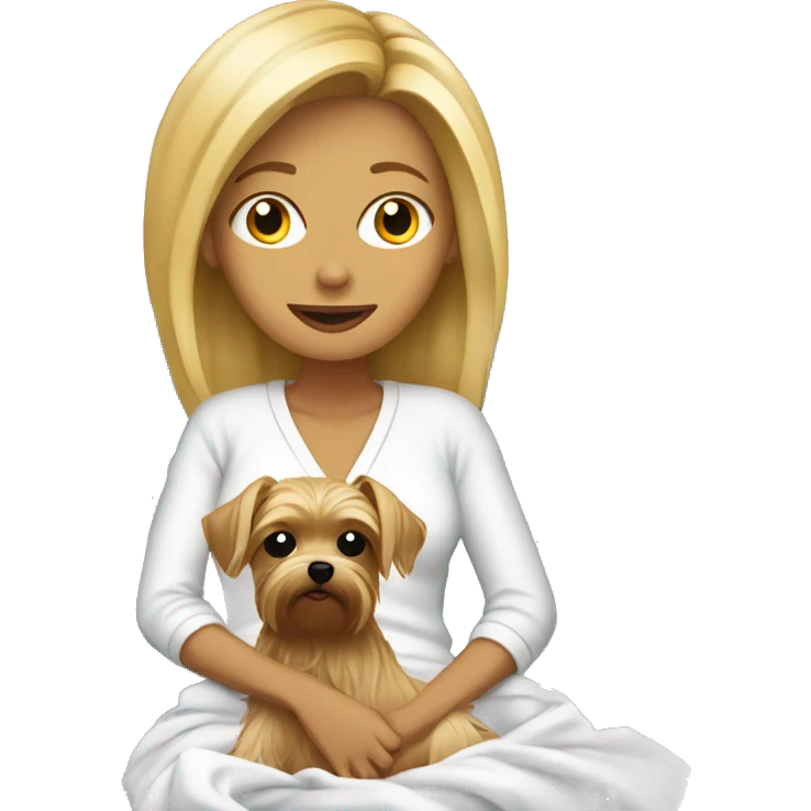 Blonde woman sitting on sofa with Yorkie covered in her sheets emoji