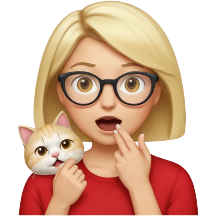 emoji style, waist-up woman with light skin, blonde bob hair, white cat-eye glasses, red shirt, hand cupped tightly around her mouth, hand very close to face as she shouts forward, excited expression, simple background emoji