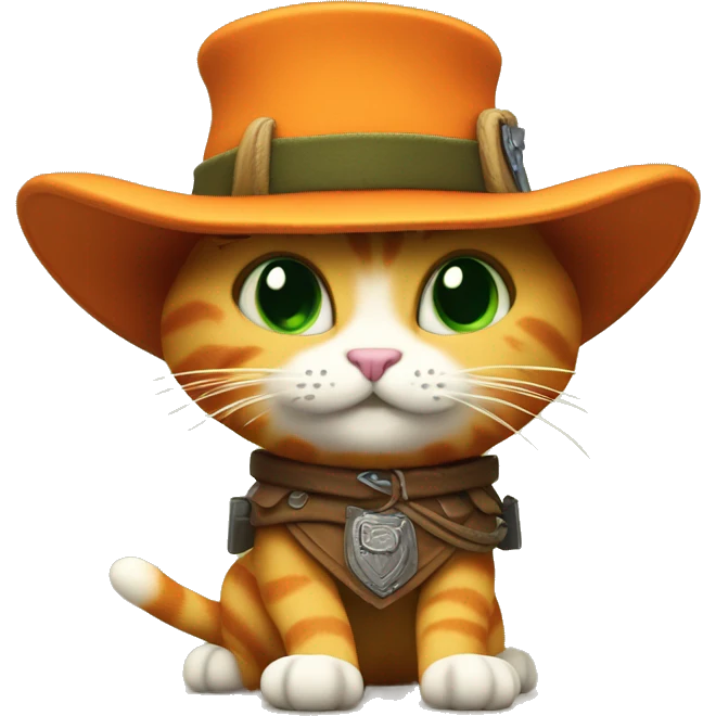A 3D emoji of Puss in Boots, featuring a small, orange cat with big green eyes, wearing a feathered hat, boots, and a sword. He has a confident, playful expression and strikes a heroic pose.






 emoji