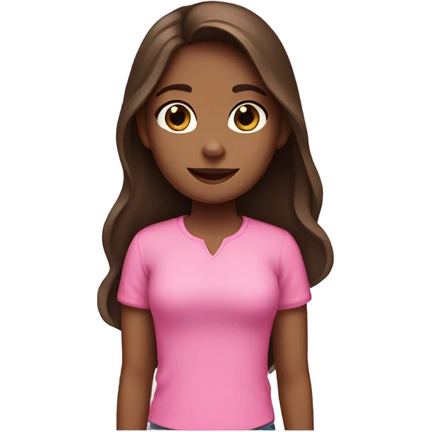 A girl with long brown hair and brown eyes and a pink shirt with three black cats emoji