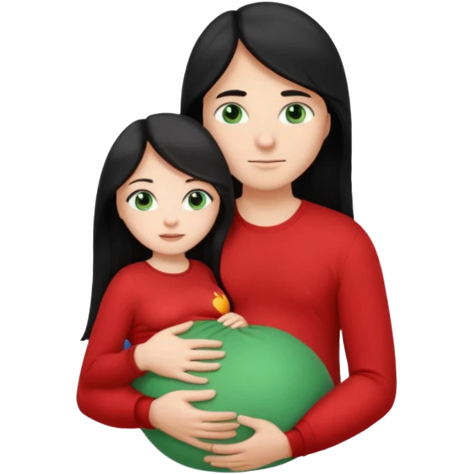Make a couple emoji they are 18. The girl has long black hair and blue eyes and is hugging a pregnant boy with light brown hair and green eyes they are both wearing red top. They are both white  emoji