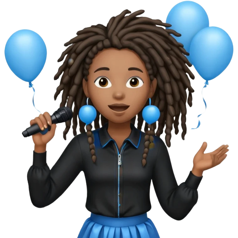 Black girl Stud with dreadlocks singing dressed in black 1,2,3 release em with white and blue balloons flying overhead emoji like with mic in hand  emoji