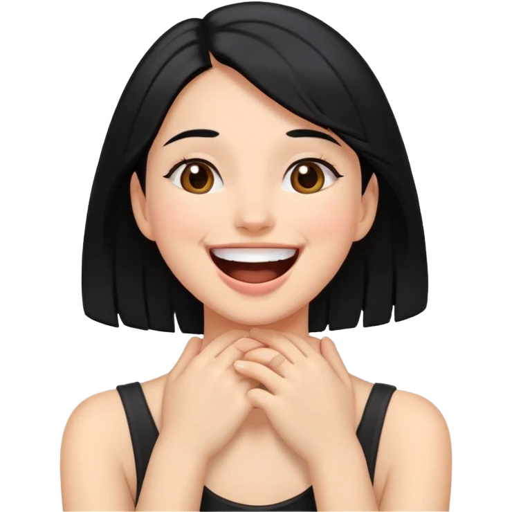 a girl with black hair with brown eyes and she has her hands around her neck while laughing emoji