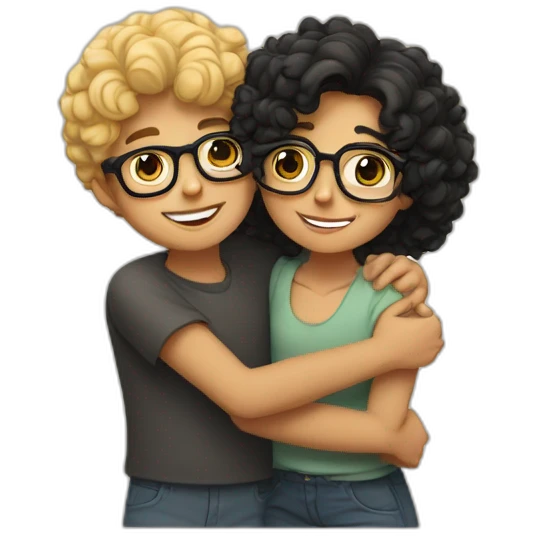 boy with curly blonde hair and glasses hugging girl with wavy black hair and glasses emoji