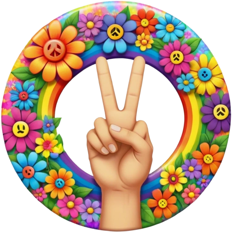 A round psychedelic colored button with a hand making the peace sign in the center surrounded by rainbow colored hippie style flowers emoji