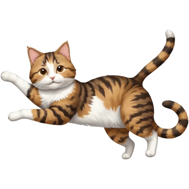 brown tabby and white cat with doing a big extremely long stretch reaching up into the air with arms and legs side by side together straight and overextended whilst lying on its side emoji
