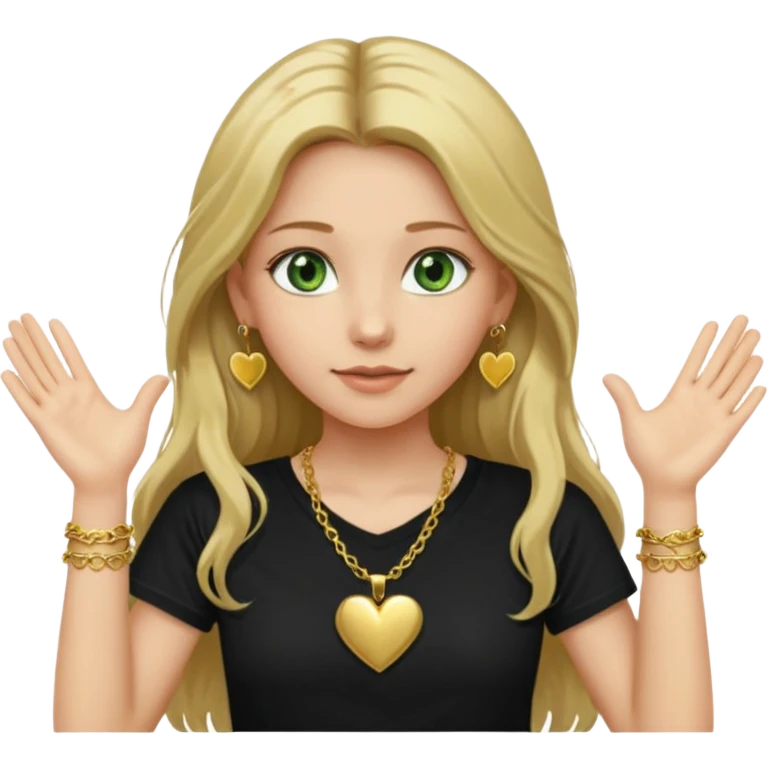 Girl with long dirty blond hair green eyes gold necklace and heart gold earrings holding her hands up and black t shirt  emoji